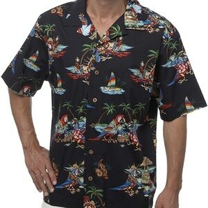 BENNY’S NWT Hawaiian Aloha Shirt Sz Lg Parrots Margaritas Palm Trees USA, New